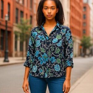 Chico’s No Iron Linen Baroque Shirt  | Navy Blue Floral Print Size 3 NWT